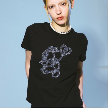 韓國PRENDA - JUMPING RABBIT DENIM PATCH TEE BLACK